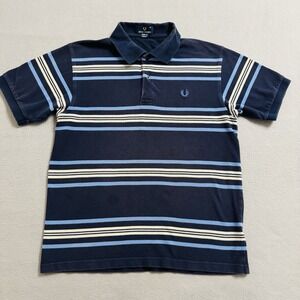 Fred Perry Polo Shirt Mens Medium Blue Striped Cotton Short Sleeve Classic
